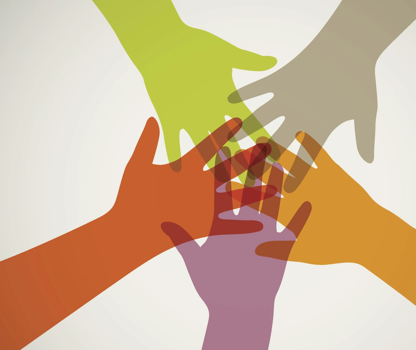 Overlapping hands in green, orange, gold, purple, and taupe reaching toward one another