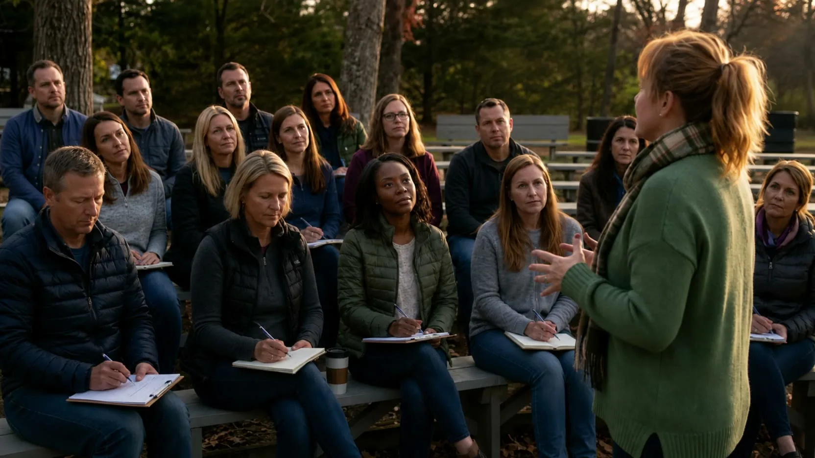 Samantha speaking to a seated group outdoors