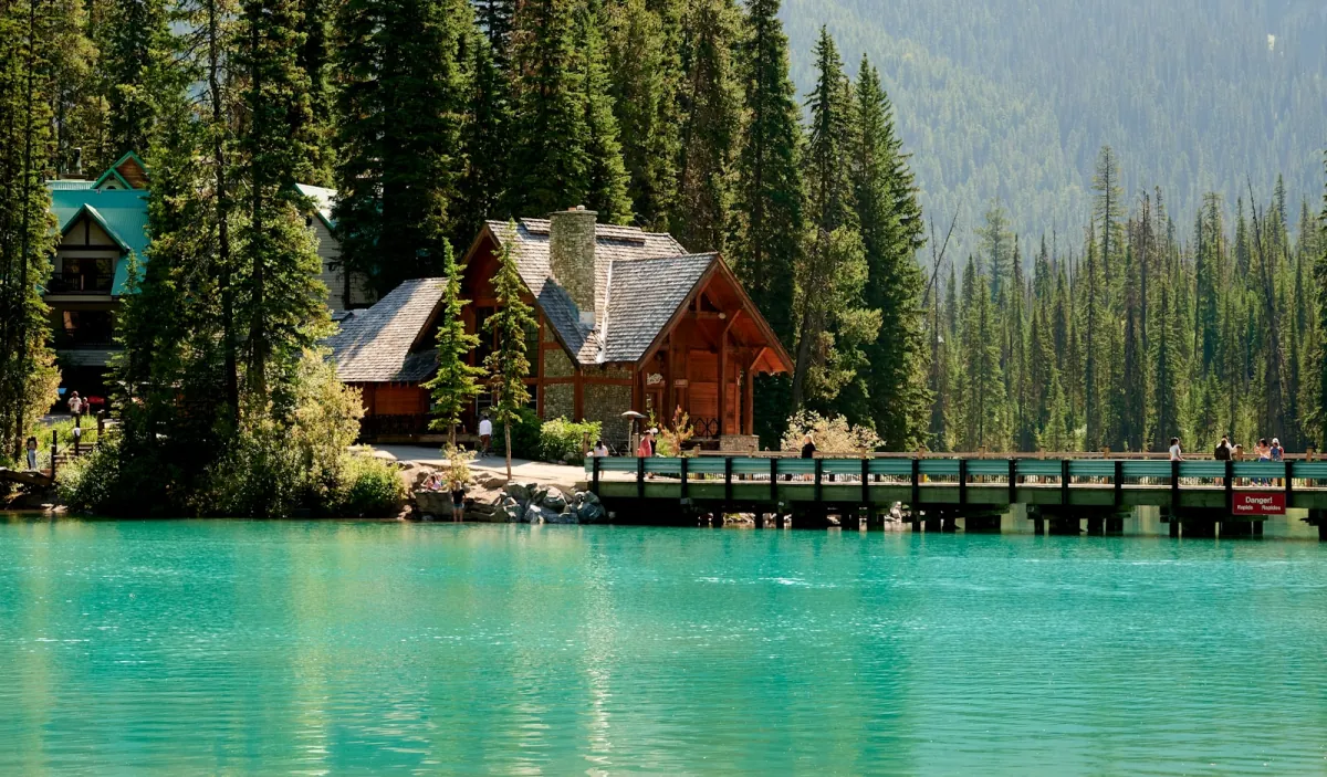 A lakeside lodge across turquoise water at Emerald Lake