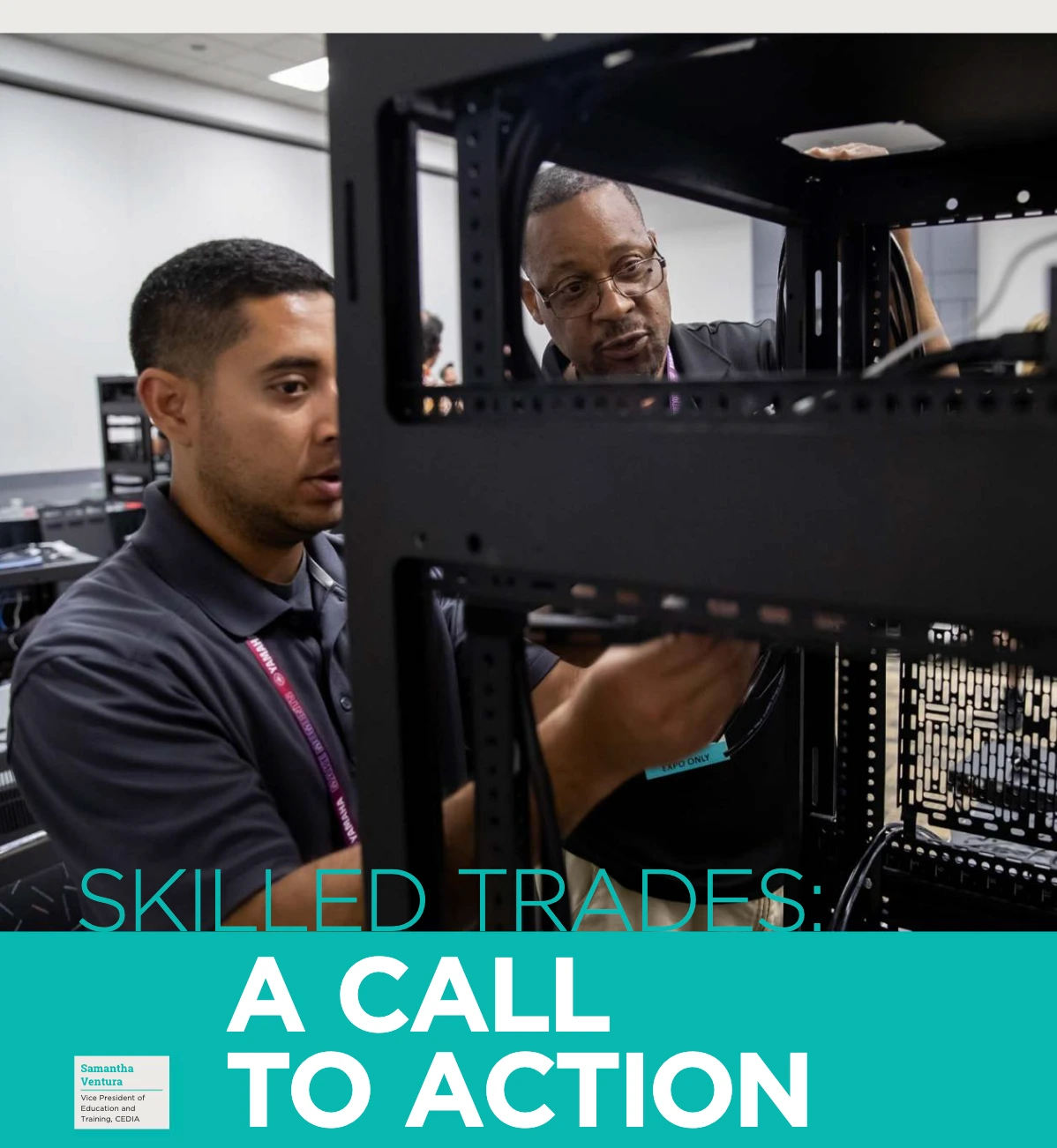 Two people working on an equipment rack above the original Skilled Trades: A Call to Action article title