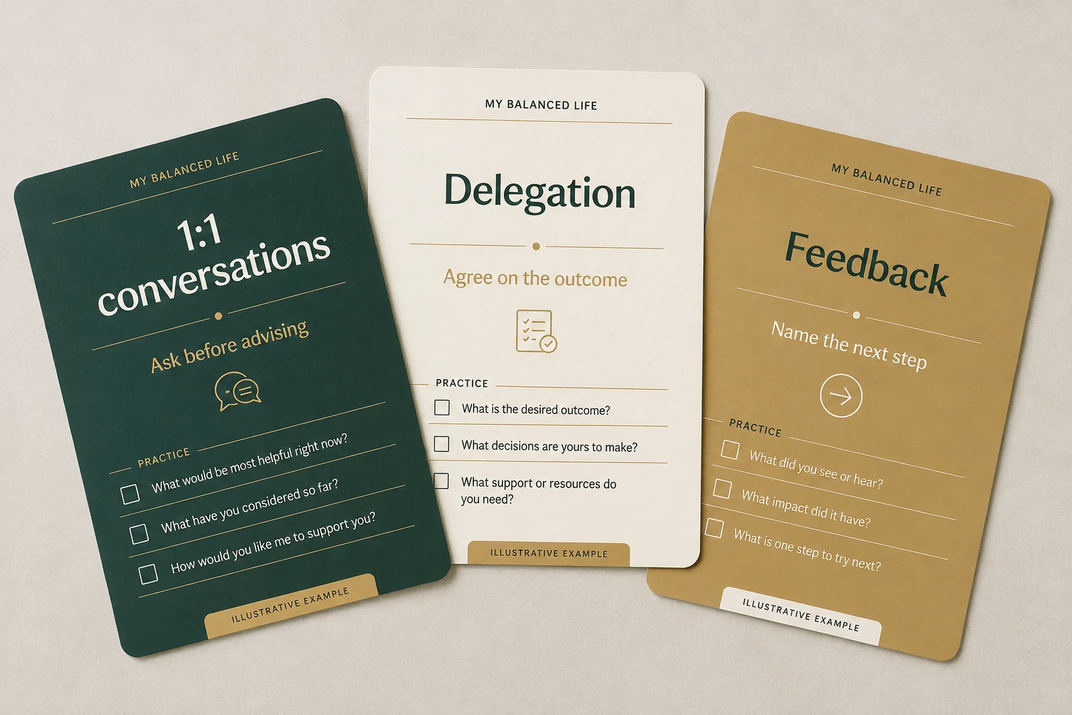 Manager practice cards for feedback, delegation, and one-to-one conversations