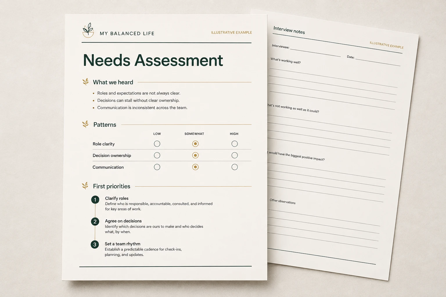 Needs assessment with interview notes, patterns, and first priorities