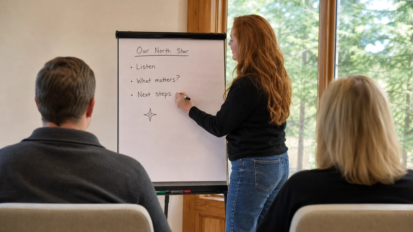 Samantha helping a team write its next steps on an Our North Star flip chart